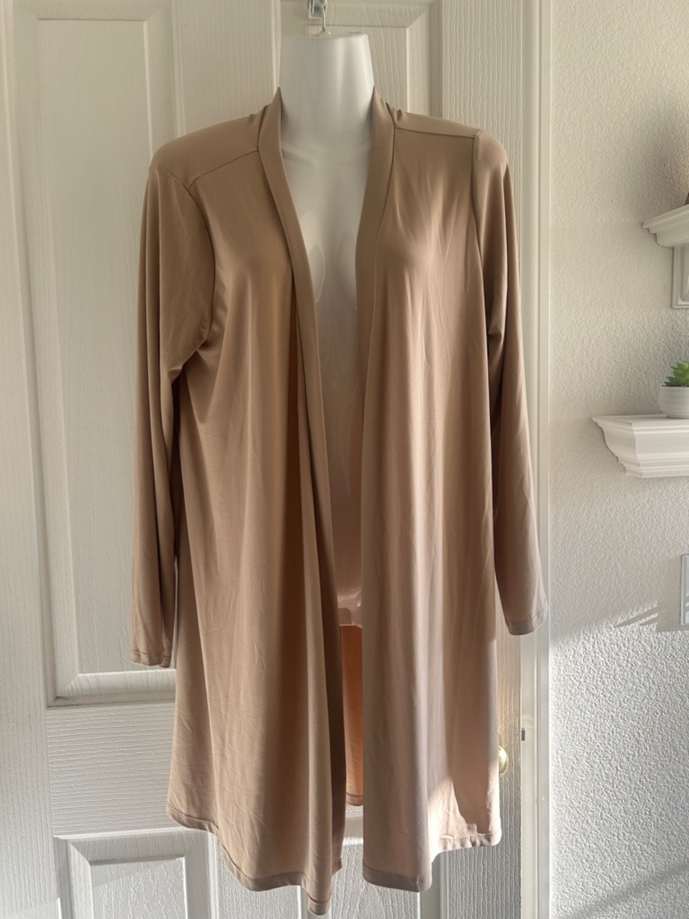 Nina Leonard Beige Open-Front Long Cardigan